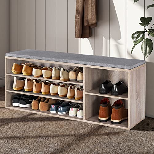maraz, Shoe Bench Wooden Shoe Rack Shoe Storage Organizer Oak Shoe Cabinet with 5 Compartments, Adjustable Shelves and Padded Seat