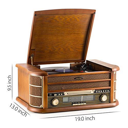 Shuman, Shuman Retro Wooden 7-in-1 Wireless Connection Music Centre with Remote Control, 3-Speed Turntable Vinyl Record Player