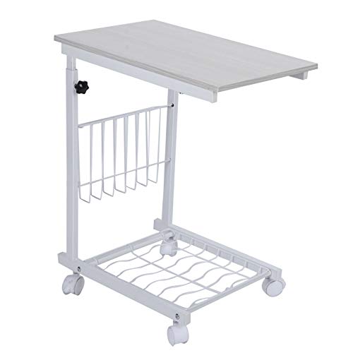 Wakects, Side Table, Adjustable Movable Sofa Side Table C Shape Multifunctional Laptop Bed Table Desk with Detachable Wheels Storage Basket Bottom