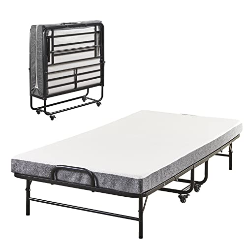 maraz, Single Folding Bed with Mattress Portable Foldable Guest Bed for Adults, Rollaway Bed with Memory Foam Mattress, Space-Saving