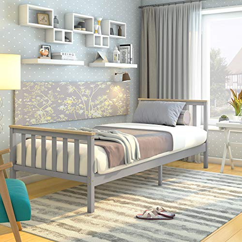 Panana, Single Solid Wood Bed Frame with High-end Veneer of Yellow Pine (Grey)