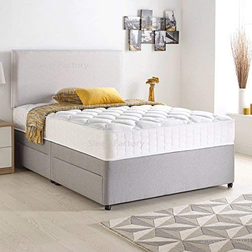 Sleep Factory Limited, Sleep Factory Limited Divan Bed Set with Quilted Ortho Mattress,Headboard and 2 free drawers, Silver Suede, 4FT Small Double (120 cm x 190 cm)
