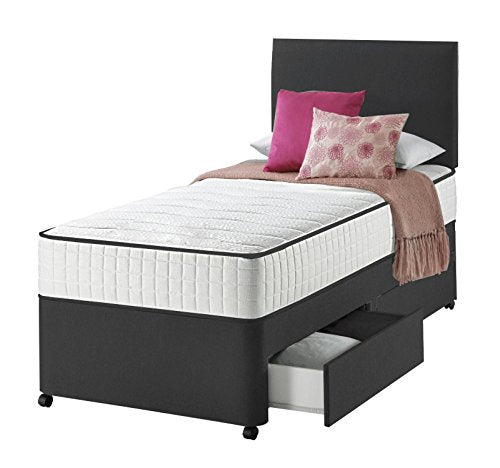 Sleep Factory Ltd, Sleep Factory Ltd Black Single Divan Bed For Adult and Kids with Mattress +2 Drawer Storage Option With Free Headboard (3FT 2 Drawers)
