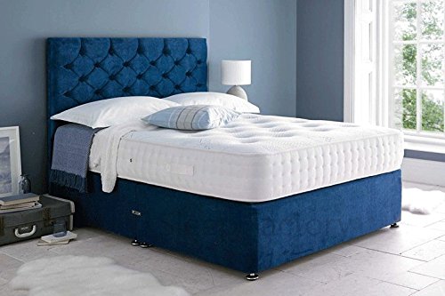 Sleep Factory Ltd, Sleep Factory Ltd Mona Velvet Divan Bed Set With 3000 Organic Pocket Memory Mattress With Headboard and 2 Drawers, 4FT6 Double Blue Velvet