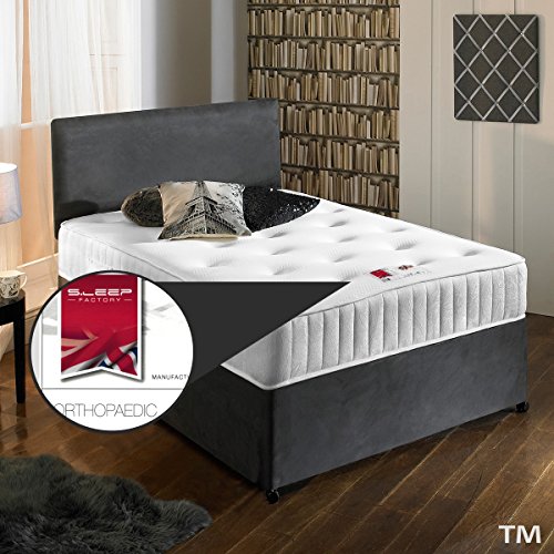 Sleep Factory Ltd, Sleep Factory Ltd New Charcoal Grey Luxury Suede Divan Bed Set With Orthopaedic Tufted Mattress With 2 Free Drawers & FREE Headboard King Size 5FT