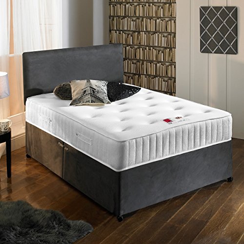 Sleep Factory Ltd, Sleep Factory Ltd New Charcoal Grey Luxury Suede Divan Bed Set With Orthopaedic Tufted Mattress With 2 Free Drawers & FREE Headboard King Size 5FT