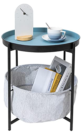 RiteSune, Small Coffee Side End Table with Detachable Tray Top and Fabric Storage Basket for Small Spaces, Living Room and Bedroom