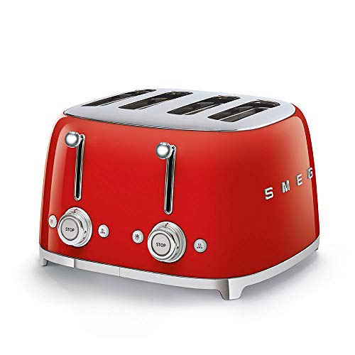 Smeg, Smeg TSF03RDUK Retro 4 Slice Toaster, 4 Extra-Wide Slots, 6 Browning Levels, Automatic Pop-Up, Removable Crumb Trays, Reheat and Defrost