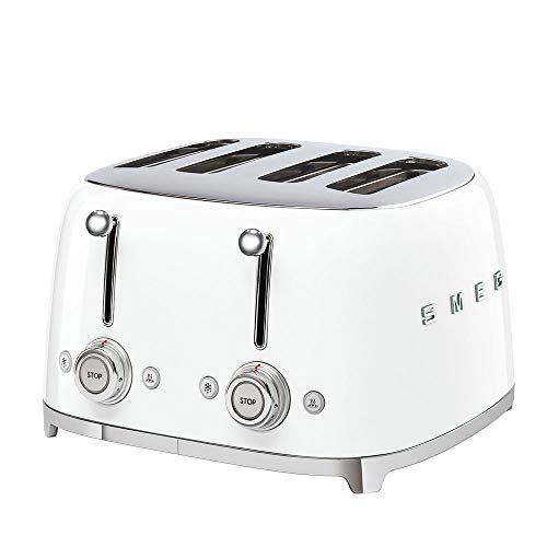 Smeg, Smeg TSF03WHUK Retro 4 Slice Toaster, 4 Extra-Wide Slots, 6 Browning Levels, Automatic Pop-Up, Removable Crumb Trays, Reheat and Defrost