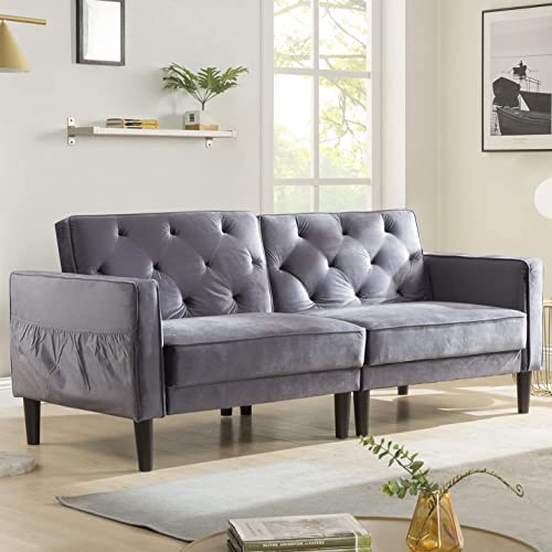 ModernLuxe, Sofa Bed, 3 Seater Velvet Sofa Bed Couches,Sofa size: 203 * 81 * 84cm, Bed size: 203 * 100 * 47cm (Grey)