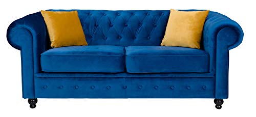 Sofas and More, Sofas and More Hilton Chesterfield Style Sofa Navy Blue French Velvet Fabric 3+2 Seater Set (2 Seater)