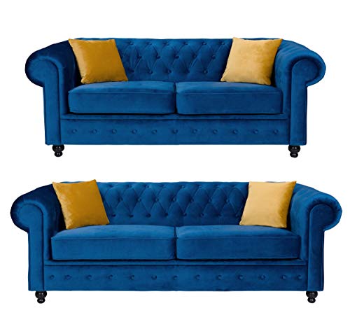 Sofas and More, Sofas and More Hilton Chesterfield style Sofa Navy Blue French Velvet Fabric 3+2 Seater Set (3+2 Seater)