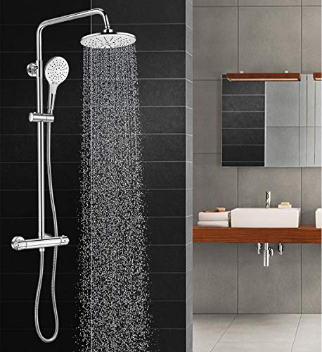 Solepearl, Solepearl Thermostat Shower System, Wall Mounted Circular Chrome Bathroom Shower Mixer with Rainfall Shower Head, Handheld Shower