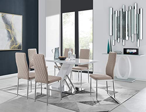 Furniturebox UK, Sorrento 6 Modern Stylish Stainless Steel Chrome Metal and White Gloss Dining Table And 6 Faux Leather Milan Dining Chairs Set