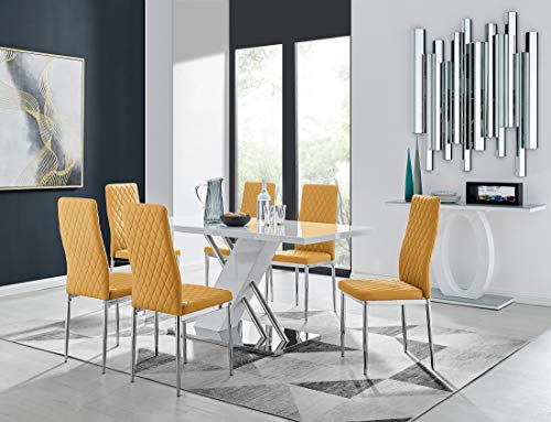 Furniturebox UK, Sorrento 6 Modern Stylish Stainless Steel Chrome Metal and White Gloss Dining Table And 6 Milan Dining Chairs Set
