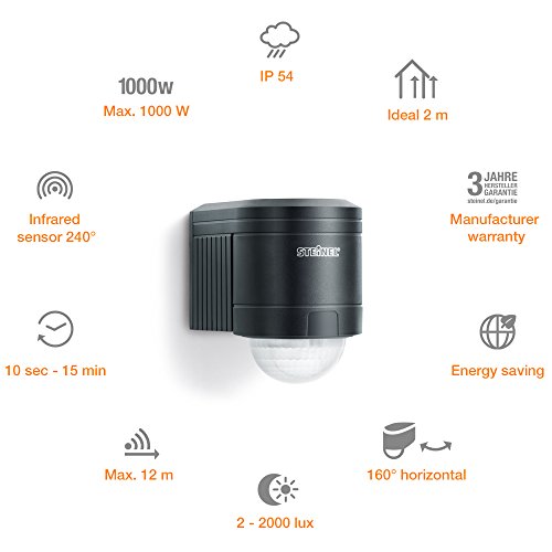 STEiNEL, Steinel IS 240 DUO black - motion detector with 240° angle of coverage and max. 12 m range, infrared motion detector for indoor and outdoor