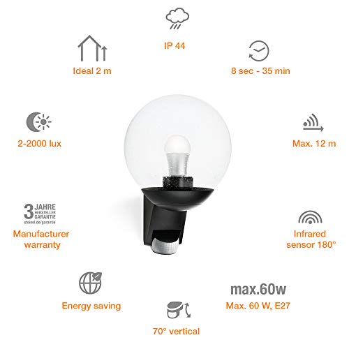 Steinel UK, Steinel L 585 Outdoor Wall Light Black, 180° Motion Sensor, 10 m Reach, Maximum 60 W Light Bulb (Not Included), E27 Fitting
