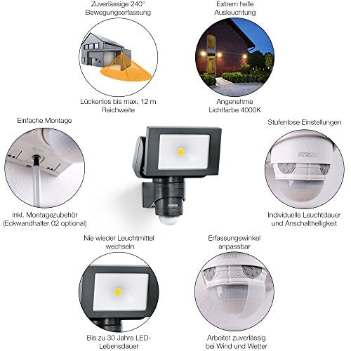 STEiNEL, Steinel LED Outdoor Spotlight LS 150 Black - 240° Motion Sensor Light max. 12 m Range - 20.5 W, Swivelling Outdoor Wall Light 1760 Lumen