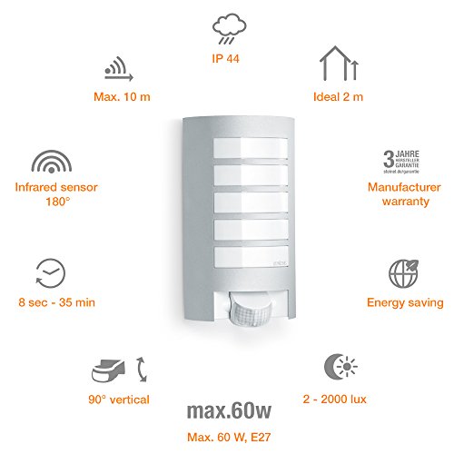 STEiNEL, Steinel Outdoor Wall Light L 12 - 180° Motion Detector up to 10 m range - Robust Weatherproof Aluminium Outdoor Light E27 max. 60 Watts