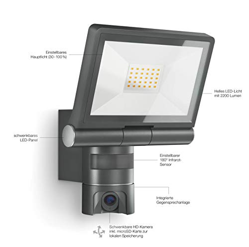 STEiNEL, Steinel XLED Cam 1 security Light: Outdoor Spotlight, Surveillance Camera, intercom, 180° Motion Detector, Aluminium, 21 W, Anthracite