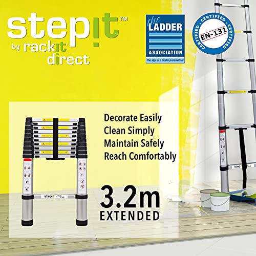 Rackit Direct, Step It 3.2 m Telescopic Ladder Extendable Ladder Multi-Purpose Folding Ladder 150kg | Loft Ladders Telescopic Ladders Extendable