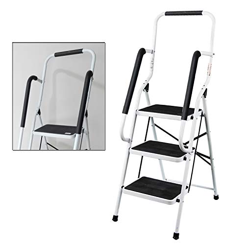 SiKy, Step Ladder 3 Step with Safety Handrail Rail, Non Slip Tread, Portable Foldable Stepladder, Strong Sturdy Steel, 150KG Max Capacity, Ideal