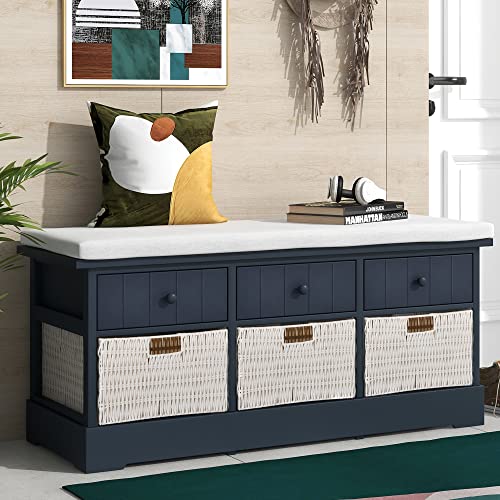 LIFE CARVER, Storage Bench with Cushion. Shoe Cabinet with 3 Drawers, 3 Storage Baskets (Antique Navy)