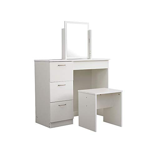 Storeinuk, Storeinuk 3 Drawers Dressing Table Makeup Dresser with Mirror Stool Set Bedroom Furniture (White)