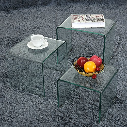 Storeinuk, Storeinuk Set of 3 Nesting Tables Nest of Tables Tempered Glass Coffee Table Set End Side Tables Living Room Furniture - White