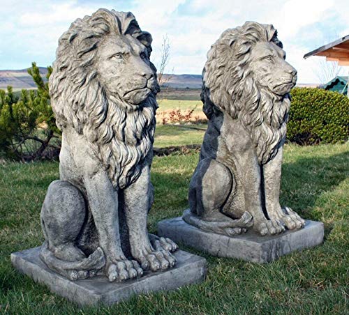 Discount Garden Statues, Stunning Pair Large Sitting Stone Cast Lions Garden Ornaments
