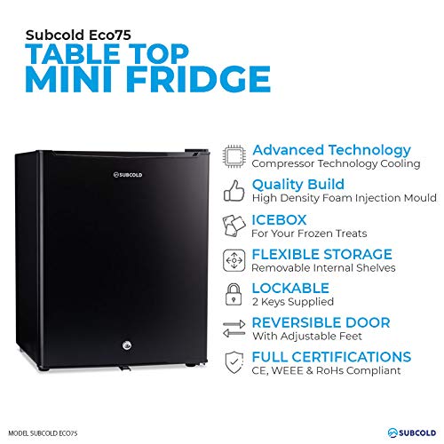Subcold, Subcold Eco75 Mini Fridge Black | Table-Top Model | Counter-Top Fridge | Solid Door with Ice-Box | Lock & Key | Low Energy A+ (75L)…