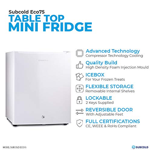 Subcold, Subcold Eco75 Mini Fridge White | Table-Top Model | Counter-Top Fridge | Solid Door with Ice-Box | Lock & Key | Low Energy A+ (75L, White)