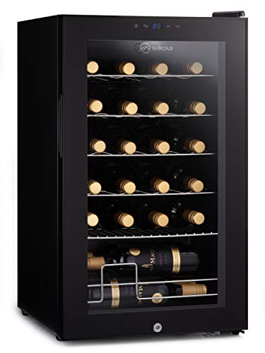 Subcold, Subcold Viva24 LED – Under Counter Wine Fridge Black | 3-18°C | Wine Cooler | LED + Lock & Key | Glass Door Drinks Cellar | Single-Zone (24 Bottle)