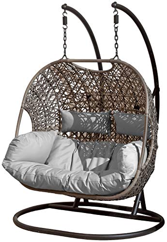 Suntime, SunTime Brampton Luxury Rattan Wicker Outdoor Hanging Cocoon Egg Swing Chair with Grey Cushions (Double) with Cover