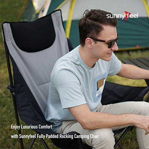 SUNNYFEEL, Sunnyfeel Camping Rocking Chair, Luxury Padded Recliner, Folding Chair with Built-in Pocket, Heavy Duty