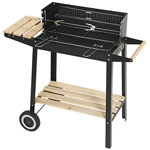 Superworth, Superworth Trolley Charcoal Rectangular Steel BBQ Barbecue Grill Outdoor Patio Garden With Wheels Wooden Shelves