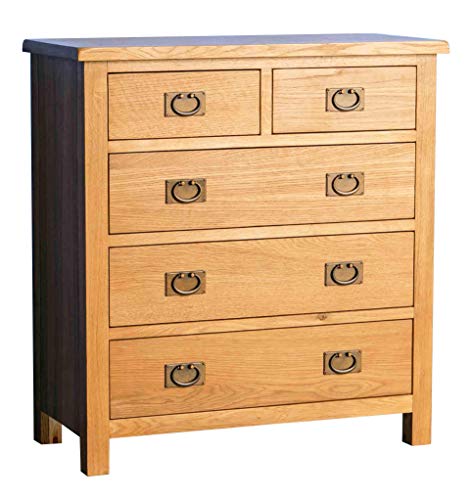 RoselandFurniture, Surrey Oak 2 over 3 Chest of Drawers | Traditional Rustic Waxed Solid Wood 5 Drawer Storage Chest for Bedroom, Fully Assembled, 90 x 85 x 38 cm