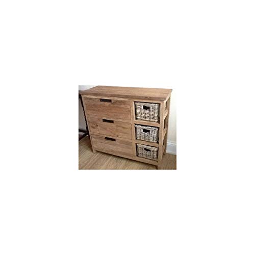Sustainable Furniture, Sustainable Furniture Reclaimed Teak Storage Unit with 3 Drawers plus 3 Natural Wicker Baskets, Wood, One