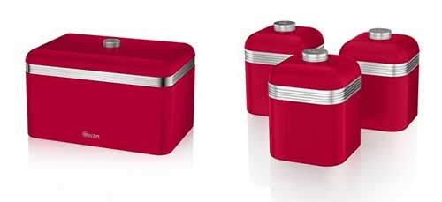 Swan, Swan 2 Piece Retro Kitchen Accessories Set - Retro Bread Bin and 3 Canisters Set, (Red)