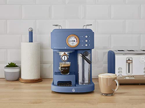 Swan, Swan Nordic One Touch Espresso Machine, Blue, 20 Bars of Pressure, Milk Frothing Steamer, 1.7L Tank, Scandi-style, SK22150BLUN