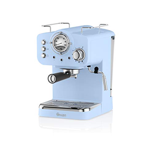 Swan, Swan Retro Pump Espresso Coffee Machine, Blue, 15 Bars of Pressure, Milk Frother, 1.2L Tank, SK22110BLN