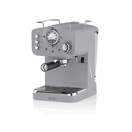 Swan, Swan Retro Pump Espresso Coffee Machine, Grey, 15 Bars of Pressure, Milk Frother, 1.2L Tank, SK22110GRN