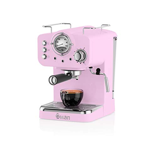Swan, Swan Retro Pump Espresso Coffee Machine, Pink, 15 Bars of Pressure, Milk Frother, 1.2L Tank, SK22110PN