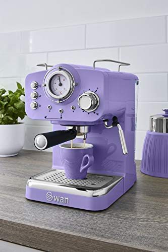 Swan, Swan Retro Pump Espresso Coffee Machine, Purple, 15 Bars of Pressure, Milk Frother, 1.2L Tank, SK22110PURN