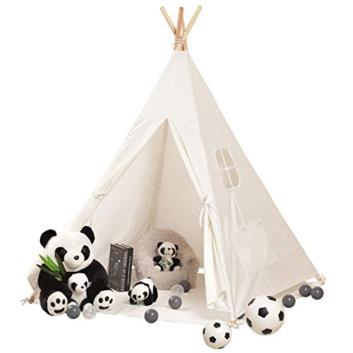 SweHouse, SweHouse Teepee Tent for Kids/Girl Play Tent with Carry Case,Toys for Girls/Boys Indoor and Outdoor, Natural Cotton Canvas Children Indian Tipi Tent (White)