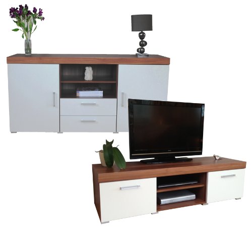 Sydney, Sydney White & Walnut Large Sideboard & TV Cabinet 140cm Unit Living Room Furniture Set