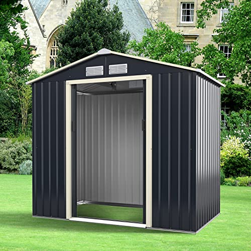 TANGZON, TANGZON 6 x 4FT Metal Garden Shed, Galvanized Roofed Tool Storage House with 2 Lockable Sliding Doors & 4 Vents, Outdoor All-Weather