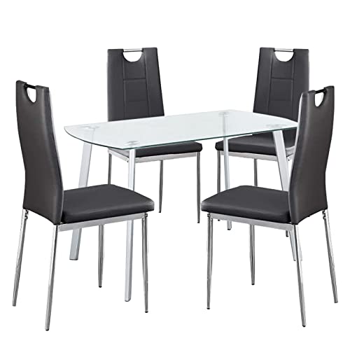 TMEE, TMEE Glass Rectangle Dining Table and Chairs Set 4, Chrome Metal Dining Room Sets with 4 Faux Leather Dining Chairs with Unique