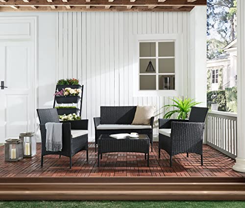 TMEE, TMEE Rattan Garden Furniture Set 4 Pieces Patio Outdoor Conversation 4 Seaters Sets PE Rattan Wicker Sofa Chairs with Cushions and Coffee
