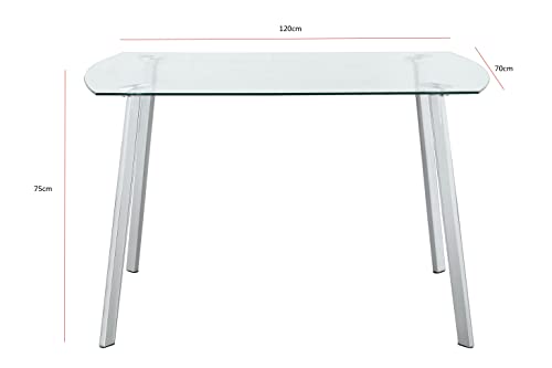 TMEE, TMEE Rectangle Tempered Glass Table with 4 Chrome Metal Legs, Modern Dining Table for Dining Room/Office, 120x70cm